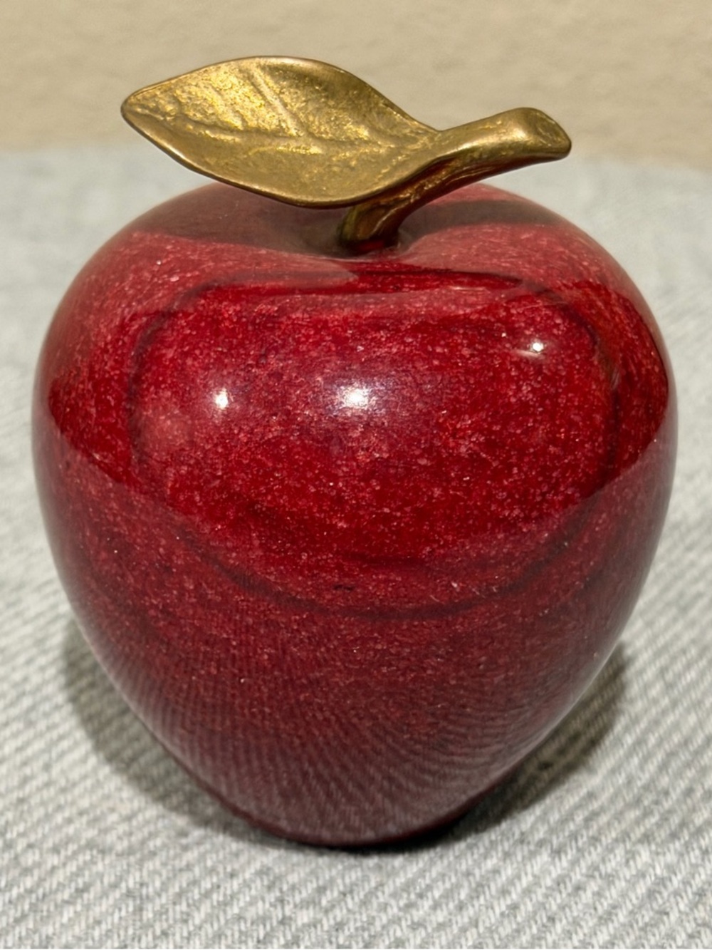 1960’s Red Marble Apple Figurine/Paper Weight with Brass Leaf